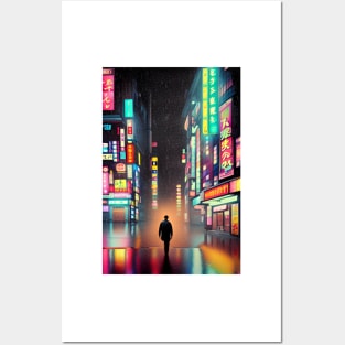 A Man in Tokyo Neon Anime Japan Rainy Street Vibes <3 Posters and Art